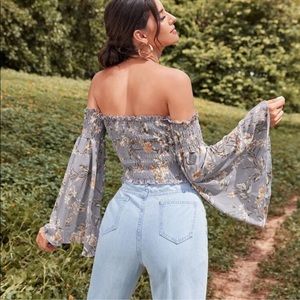 NWT shirred frill trim bell sleeve Bardot top